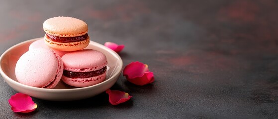 [Macarons with rose petals on dark background] Vibrant Macarons on Blurred Surface with Rose Petals
