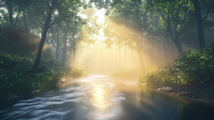 Fototapeta premium Sunbeams Dancing on Misty River