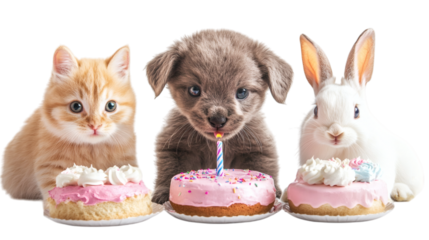 cake on the front of a dog,cat and rabbit isolated on white background.