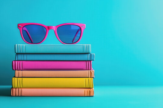 Stack of colorful books with stylish sunglasses resting on top summertime reading concept vibrant book covers relaxation fun knowledge learning summer vibes leisure activities