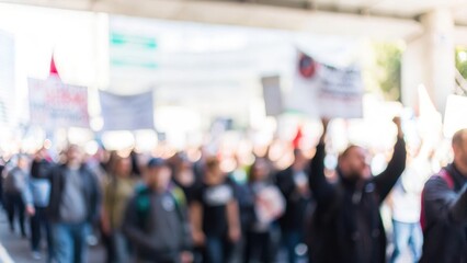 Political Movement Rally Blur: A blurred scene of people participating in a political movement rally.	
