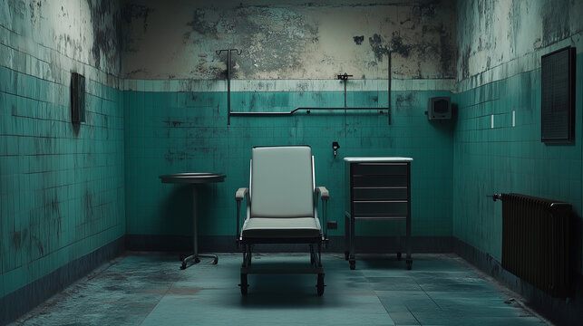 Grungy teal examination room decaying hospital interior abandoned clinic scene retro horror theme medical chair background for film production design escape game branding haunted attraction use