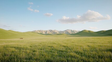 Obraz premium Run-down landscapes in a national park Serene landscape with rolling hills and a clear blue sky.