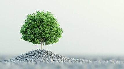 Obraz premium recycling carbon climate transformation concept. A solitary green tree grows atop a mound of small pebbles, symbolizing resilience and nature's beauty.