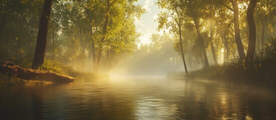 Fototapeta premium Misty Morning River in Golden Sunlight: A Serene Landscape