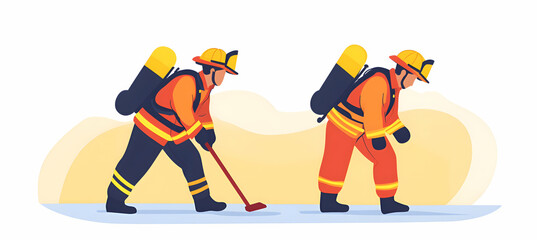 Two firefighters working together, light plain background, supportive environment