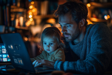 Parents installing parental control software on a family laptop while the child watches. Bright lighting, contrast