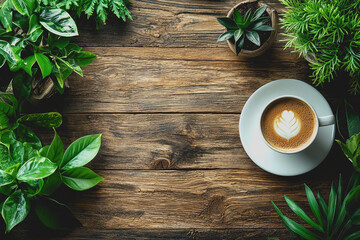 Fototapeta premium Cup of coffee on a wooden table surrounded by lush green leaves creating a tranquil nature-inspired atmosphere for relaxation and enjoyment in a cozy setting with natural elements