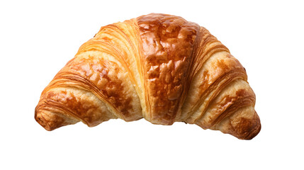 A single golden croissant with a flaky, buttery texture arranged precisely in the center of a transparent background 