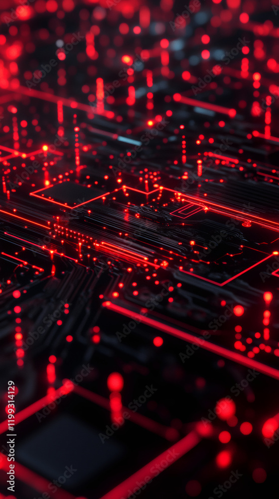 Aufkleber Complex electronic circuit board with red lights transferring and processing data, futuristic technology background