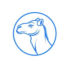 Blue lined camel portrait in a circle, simple graphic design suitable for logo