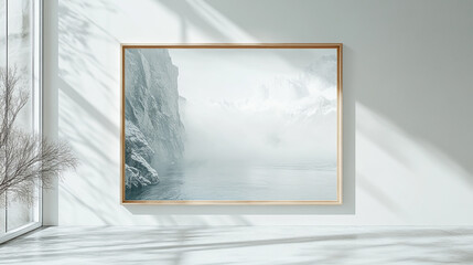 Abstract coastal landscape painting featuring misty cliffs and serene waters