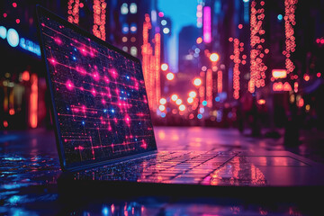 Laptop computer displaying data with beautiful cityscape background in urban environment showcasing technology and modern life productivity and innovation in business settings