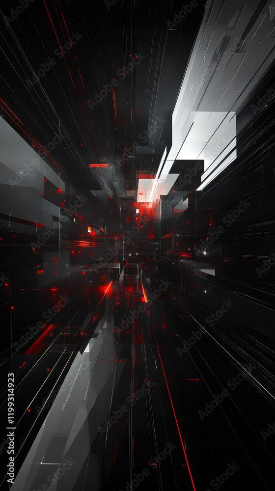 Poster Red laser beams illuminate a dark futuristic cyberspace tunnel, creating an abstract and dynamic scene of high-speed movement