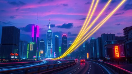 A vibrant and futuristic cityscape at dusk, illuminated by a mesmerizing array of neon colored lights evoking a sense of dynamism, energy, and technological advancement.