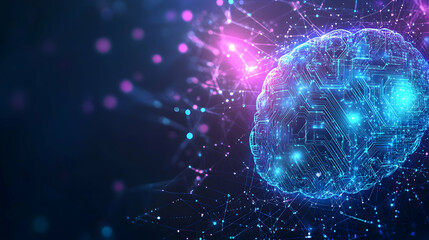 Neural network concept with glowing digital brain and intricate circuit connections in vibrant blue and purple hues on a dark background