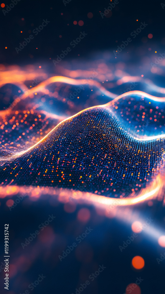 Poster Abstract wave of glowing particles in digital space, creating a sense of movement and energy