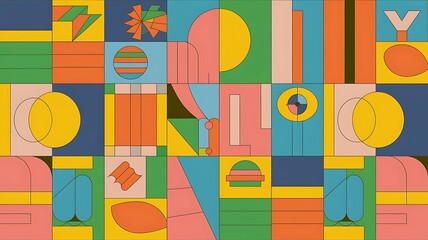 Abstract geometric composition with a bold color palette, artistic arrangement of shapes, perfect for trendy digital prints, website backgrounds, textile designs, and stylish branding visuals