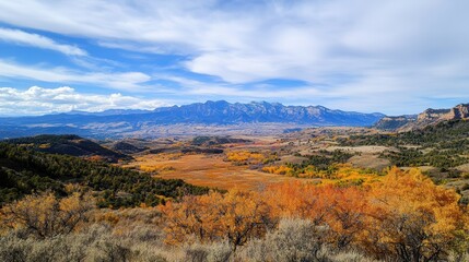 Run-down landscapes in a national park Vibrant autumn landscape with mountains and blue sky.