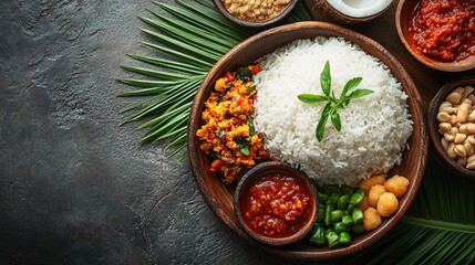 Top view of a traditional Sri Lankan breakfast: kiribath (milk rice) with lunu miris and coconut sambol, with space for copy.