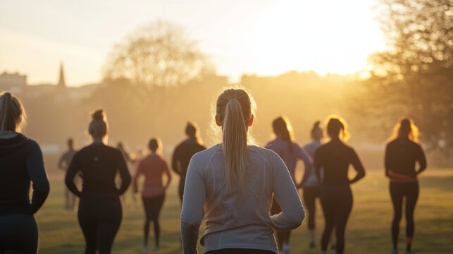 Outdoor Fitness Bootcamp Session Participants Stretching in Morning Sun