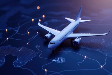 Fototapeta premium Airplane on a Digital Map: Air Travel, Navigation, and Global Connectivity