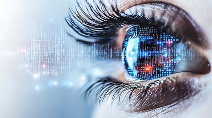 Close-up of an eye featuring layers of luminous digital codes and a high-tech atmosphere with vibrant neon accents