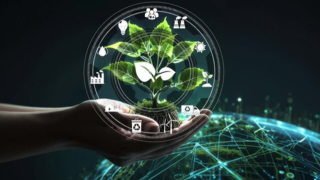 Circular economy symbol on hand icon with an endless circular economy in the concept of sustainable business and environmental growth in the future.Green technology concept.