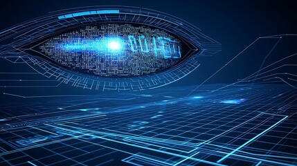 Futuristic eye design with a detailed digital code overlay glowing brightly, set in a tech-inspired ambiance