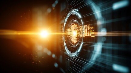 Futuristic eye design with a detailed digital code overlay glowing brightly, set in a tech-inspired ambiance