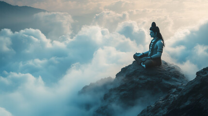 Lord Shiva sitting on top of mountain in clouds - ai generative