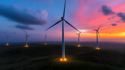 Obraz premium Renewable energy wind farm at dusk with glowing turbines and a sharp view of the horizon under a vibrant sky