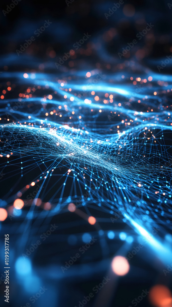 Poster Glowing digital plexus network with interconnected particles forming wave-like structure, symbolizing technological connectivity and data flow