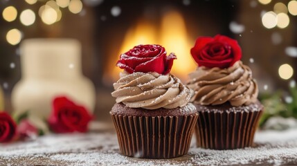 Two chocolate cupcakes adorned with red roses, set against a cozy, softly lit backdrop, creating a warm and festive atmosphere.