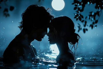Two figures share a tender moment under a glowing moon, surrounded by flowing water and soft light. Their intimate connection radiates as they lean towards each other in serene surroundings.