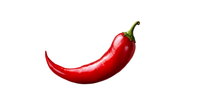 A single red chili pepper with a shiny surface and curved stem displayed in the center of a transparent background 