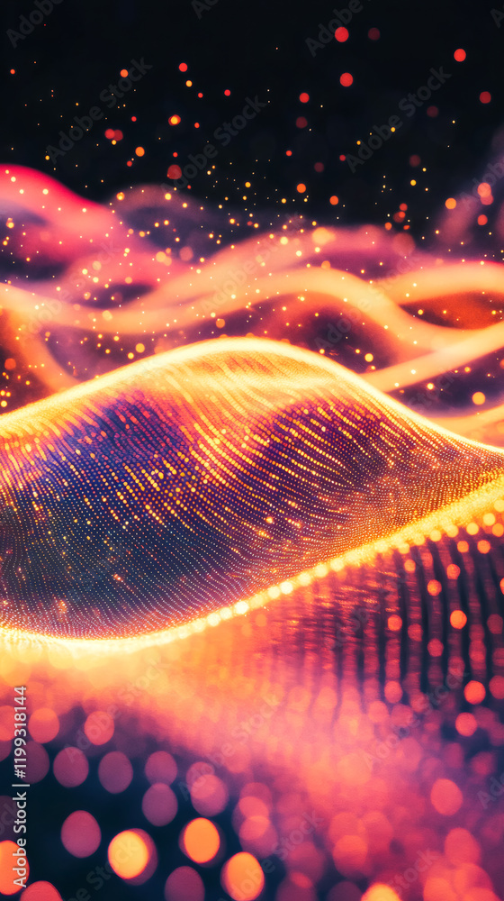 Poster Abstract wave of glowing particles with bokeh effect, creating a mesmerizing digital landscape