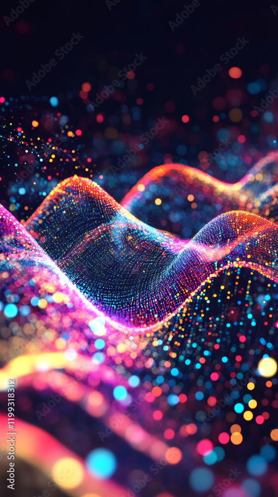Leinwandbilder digital wave surging through virtual realm, colorful particles dancing with bokeh glow, generating d
