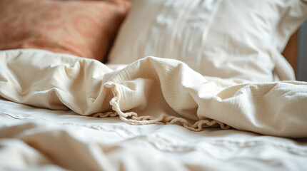 Creamy Beige Bedding: Cozy and Comfortable Bedroom Decor. Soft Linen Sheets, Pillows, and Blanket for a Relaxing Sleep Experience.
