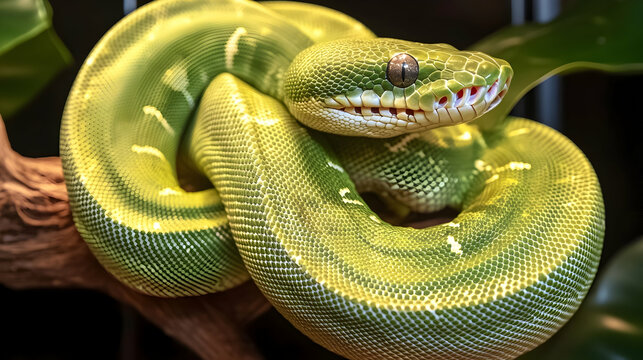 Vibrant green tree python coiled around a branch in a tropical setting with sharp focus on its textured scales and glowing highlights