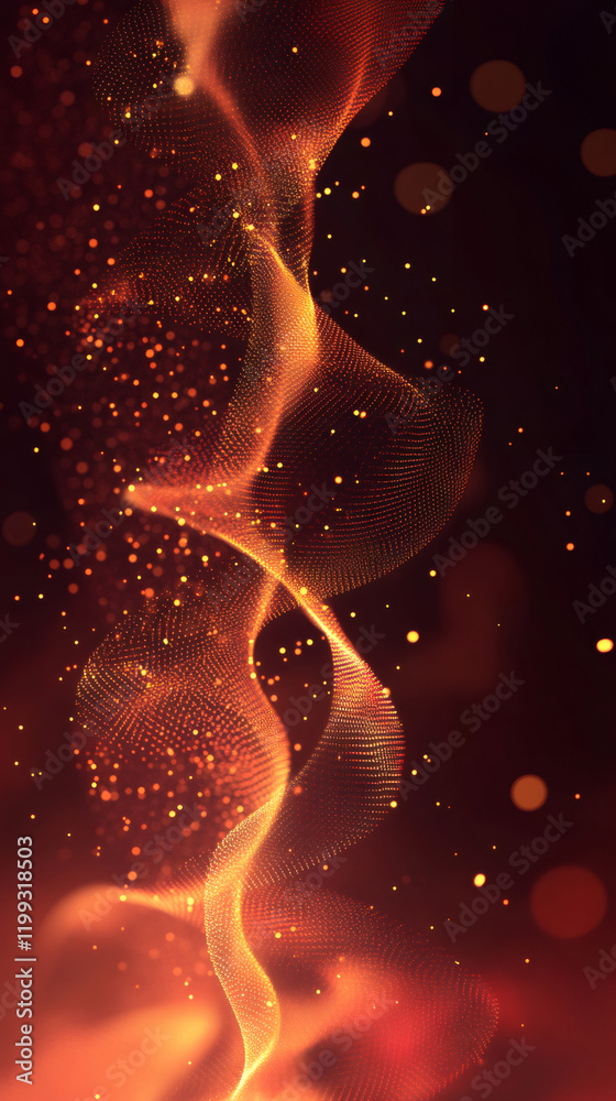 Poster Golden particles swirling, glowing against dark red backdrop, generating dynamic luminous movement and ethereal visual depth