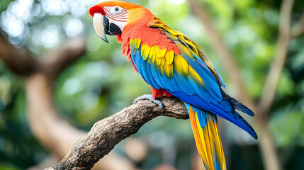 Obraz premium Vibrant macaw with colorful feathers perched on a tree branch in a tropical rainforest, detailed and sharp focus