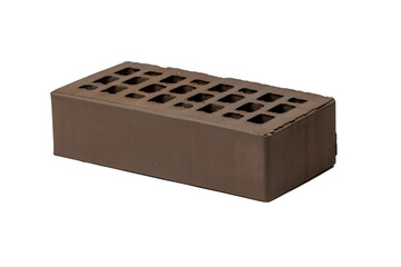 Rectangular brown clay brick with perforations for construction on white isolated background