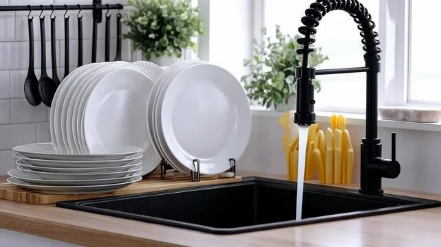 Water flows freely as clean plates stack neatly beside a sleek sink in a stylish, organized kitchen space