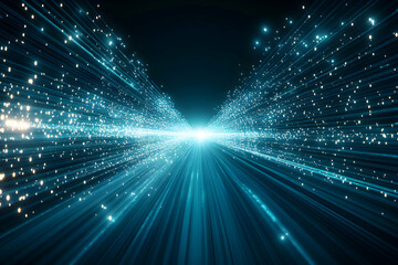 Obraz premium Abstract digital data stream, glowing particles converging towards a bright center, representing high-speed internet, futuristic technology, or data transfer.