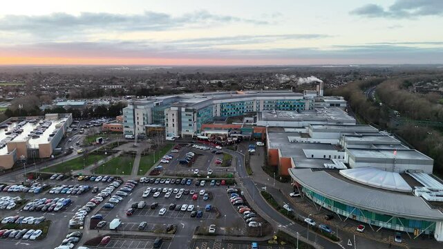 Peterborough city hospital UK drone,aerial push in shot