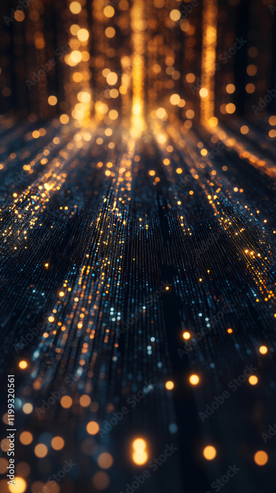 Aufkleber Glimmering golden particles streaming dynamically through shadowy space, emanating ethereal luminescence and mesmerizing visual energy