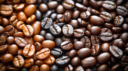 Obraz premium Assorted coffee beans arranged on dark textured tabletop showcasing a variety of colors and types from darker to lighter shades
