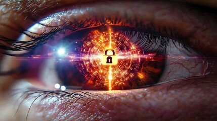 Detailed close-up of an eye radiating encrypted codes and lock symbols, symbolizing digital privacy and security