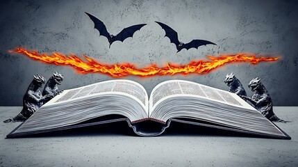 a high-resolution photo of A dark altar with an open book radiating fiery red light, surrounded by gothic gargoyles isolated on white background, photorealistic, ultra-sharp focus, clear details,